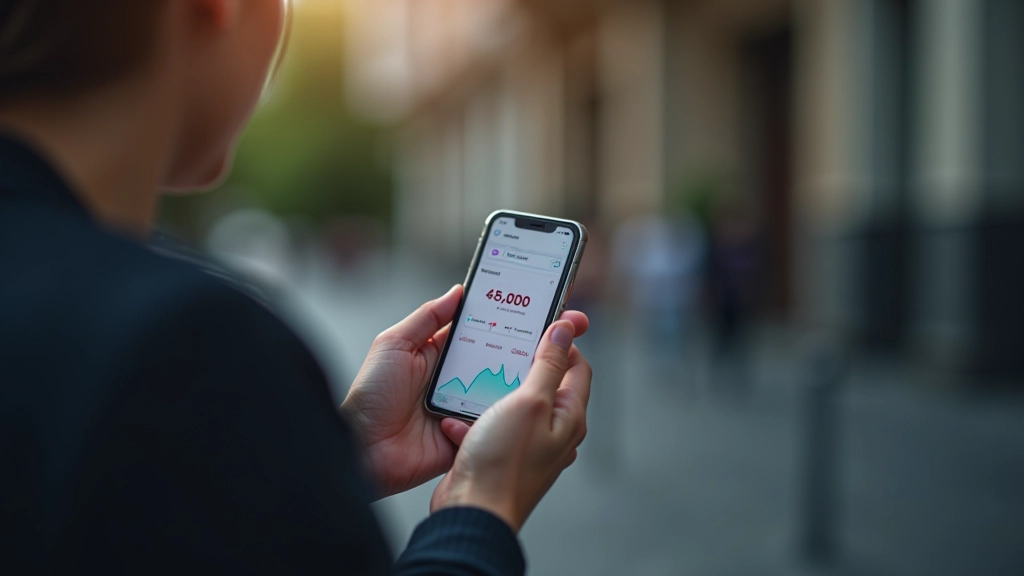 Personne utilisant une application mobile bancaire avec un écran coloré affichant les graphiques de dépenses