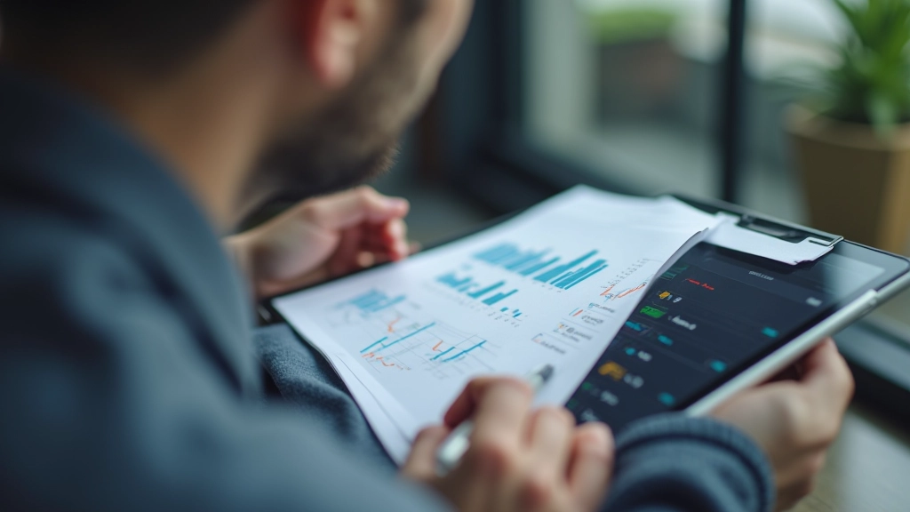 Professionnel analysant un portefeuille d'investissement sur une tablette avec graphiques financiers