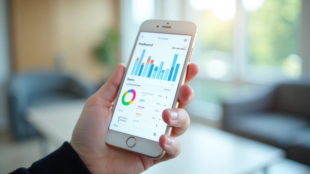 Téléphone intelligent affichant un tableau de bord de gestion financière avec graphiques en temps réel et options d'épargne automatique