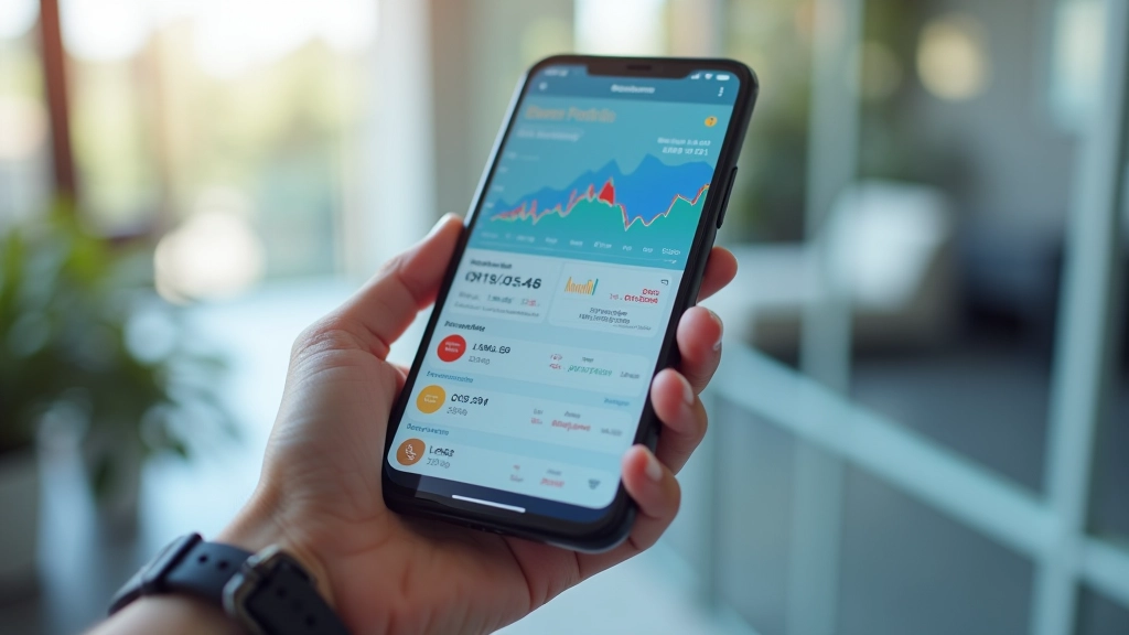 Interface mobile montrant un portefeuille diversifié avec des graphiques de performance en temps réel et des alertes d'optimisation