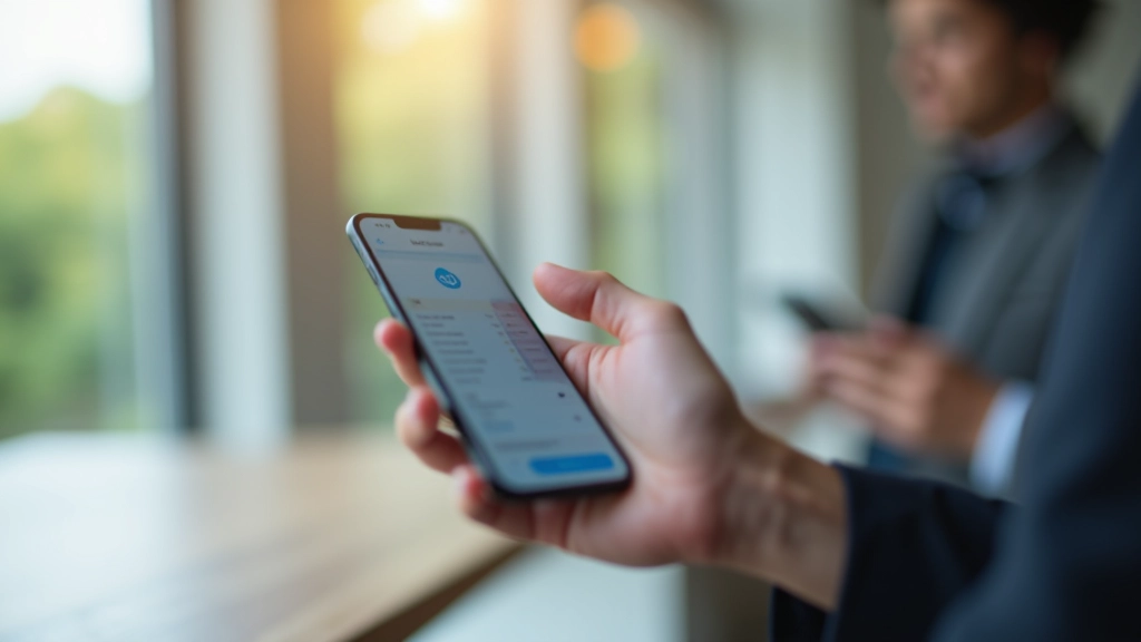 Gros plan d'une main tenant un smartphone avec une application bancaire en cours d'utilisation sur l'écran