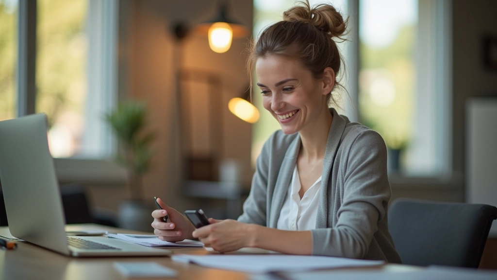 Femme d'âge moyen assise à son bureau à domicile, consultant son téléphone, sourire confiant, lumière naturelle du matin